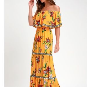 Lulus Cancun Cutie Yellow Floral Print Off-the-Shoulder Maxi Dress  Size S